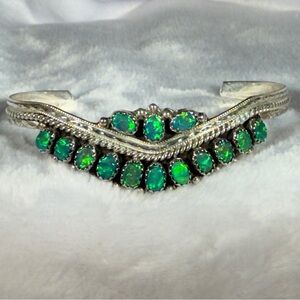 Zuni Native American Nancy Haloo Sterling Silver Cuff Bracelet with Green Opals